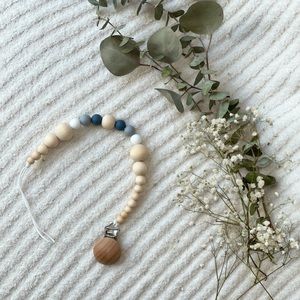 Neutral Silicone and Wood Bead Pacifier/Teether Clip